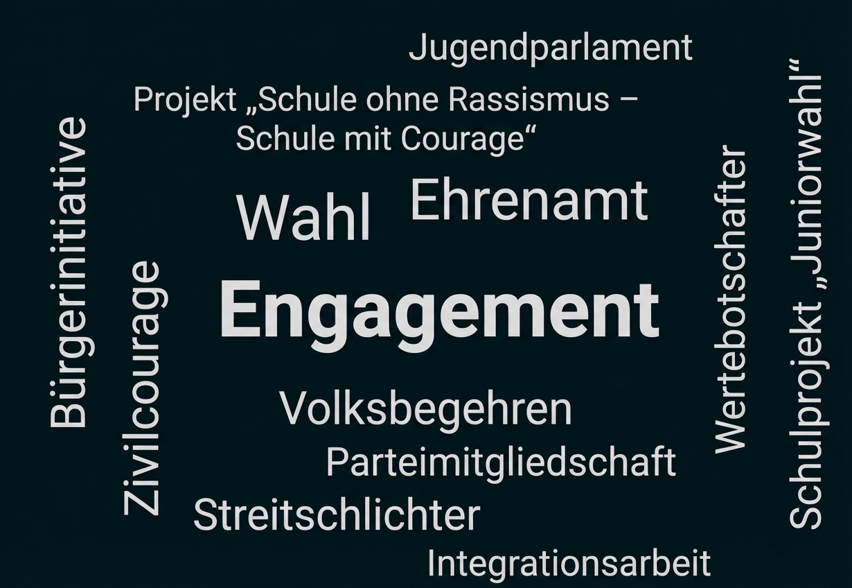 Wortwolke mit großem Wort "Engagement" und Begriffen wie Wahl, Ehrenamt, Zivilcourage, Volksbegehren